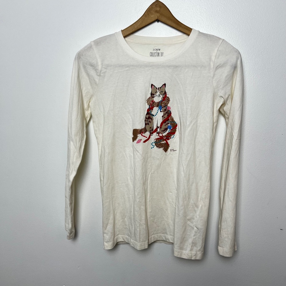 J.Crew Collector Tee Womens XXS White Christmas Cat Graphic Long Sleeve Shirt